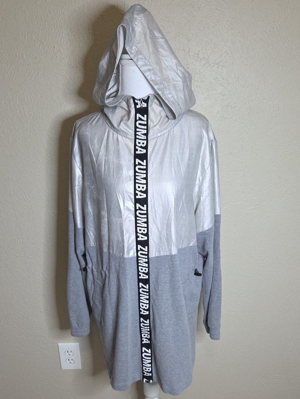 Zumba Fitness Silver and Gray Hooded Longline Bomber Jacket, Medium